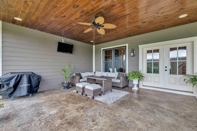 view of patio with a grill, ceiling fan, french doors, and an outdoor hangout area
