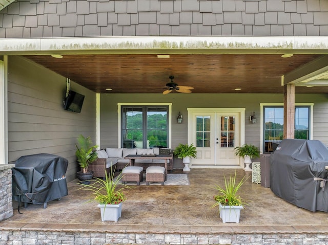 view of patio / terrace featuring ceiling fan, outdoor lounge area, french doors, and a grill