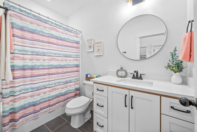 full bath featuring a shower with shower curtain, tile patterned flooring, vanity, and toilet