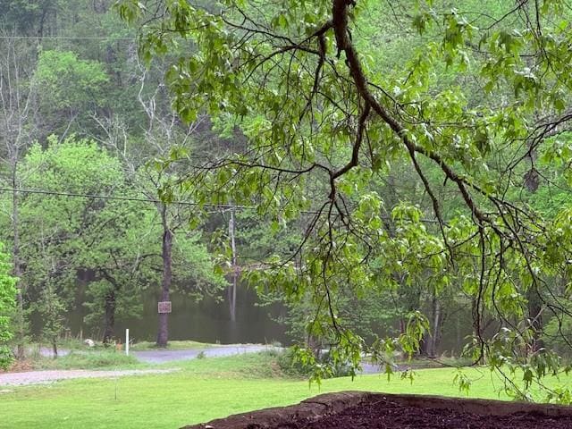 surrounding community with a lawn and a wooded view