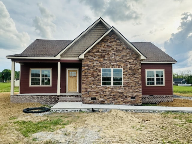 219 Cheney Ln, Lafayette, TN 37083 - craftsman-style home with stone siding, crawl space, a shingled roof, and covered porch