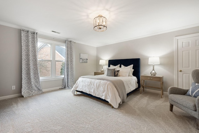 bedroom with crown molding, a chandelier, light colored carpet, baseboards, and visible vents