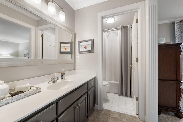 full bath featuring vanity, tile patterned flooring, ornamental molding, and toilet