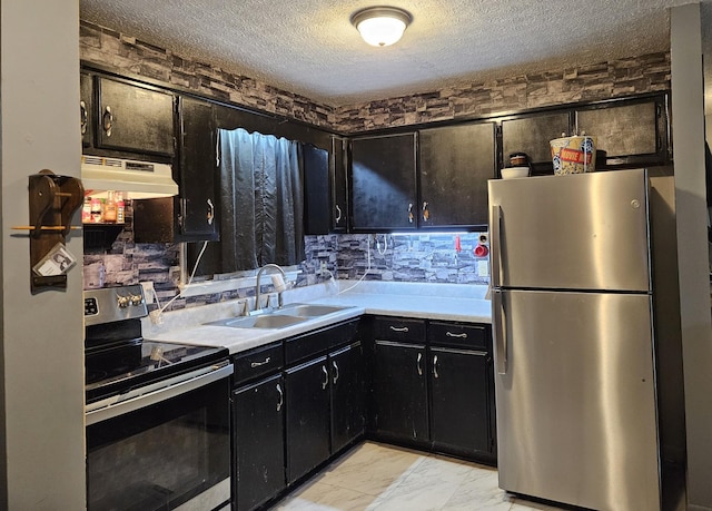kitchen with a sink, stainless steel appliances, light countertops, ventilation hood, and marble finish floor