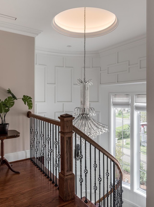 305 Natchez St, Franklin, TN 37064 - stairs featuring ornamental molding, a notable chandelier, wood finished floors, and baseboards