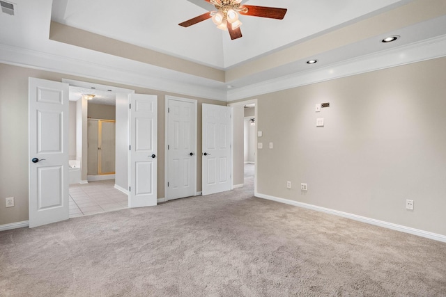 unfurnished bedroom with recessed lighting, visible vents, light carpet, baseboards, and ornamental molding