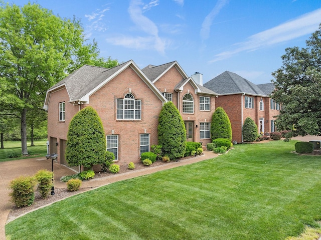 view of front of property with a chimney, brick siding, a garage, roof with shingles, and a front lawn