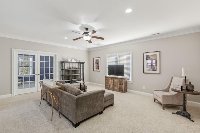 638 Band Dr, Franklin, TN 37064 - living room with french doors, carpet floors, ornamental molding, a ceiling fan, and recessed lighting