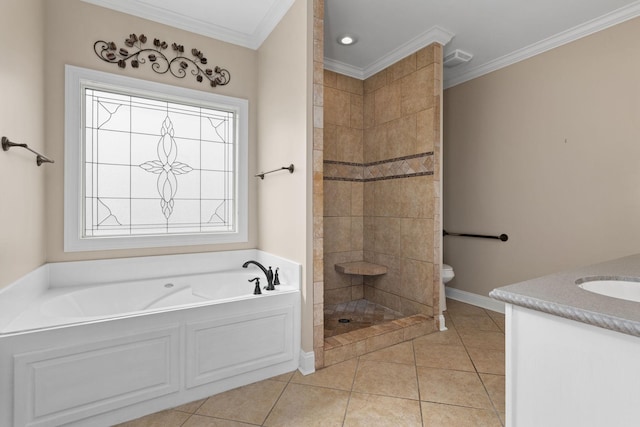 full bathroom featuring a bath, tile patterned floors, tiled shower, toilet, and ornamental molding