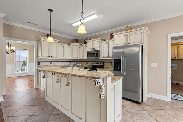 kitchen featuring stainless steel appliances, visible vents, crown molding, light stone countertops, and an island with sink