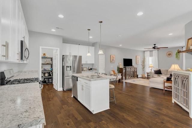 155 Telavera Dr, White House, TN 37188 - kitchen with a breakfast bar area, a sink, appliances with stainless steel finishes, dark wood finished floors, and a ceiling fan
