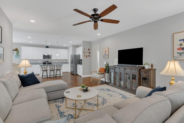 155 Telavera Dr, White House, TN 37188 - living area with ceiling fan, recessed lighting, and dark wood-style floors