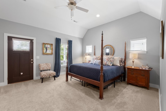 5604 Kentucky Ave, Nashville, TN 37209 - bedroom featuring light carpet, vaulted ceiling, visible vents, and a ceiling fan