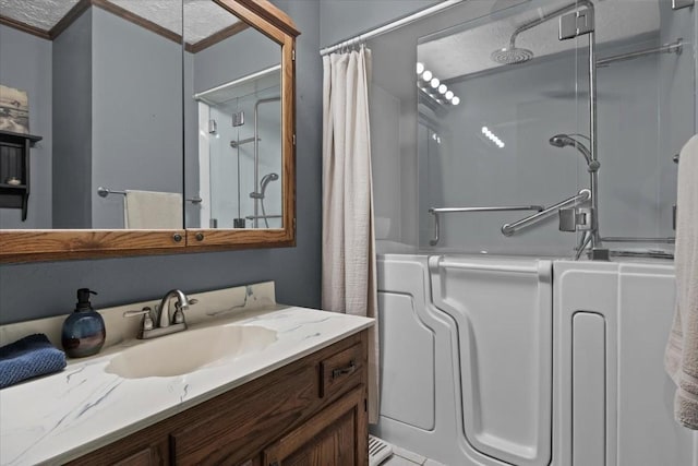 full bathroom with vanity and a shower with curtain