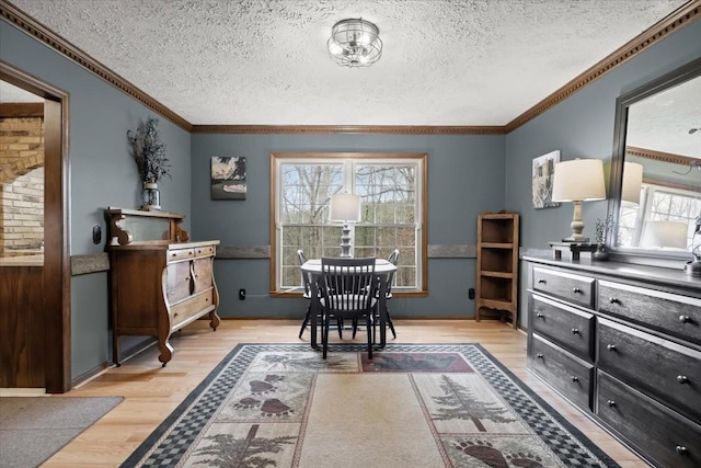 interior space with a textured ceiling, light wood-style floors, and ornamental molding