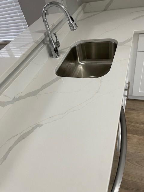 detailed view of a sink and wood finished floors