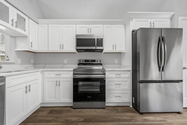 kitchen featuring appliances with stainless steel finishes, a sink, white cabinets, glass insert cabinets, and dark wood-style floors