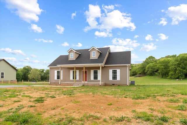cape cod house with crawl space, a porch, and roof with shingles