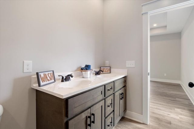 bathroom featuring baseboards, wood finished floors, a sink, and double vanity