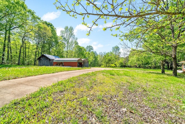 view of yard featuring driveway and a wooded view