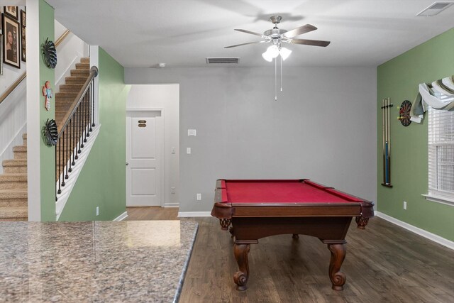 rec room with wood finished floors, visible vents, pool table, and ceiling fan