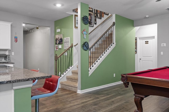 playroom featuring baseboards, a toaster, billiards, and dark wood-style flooring