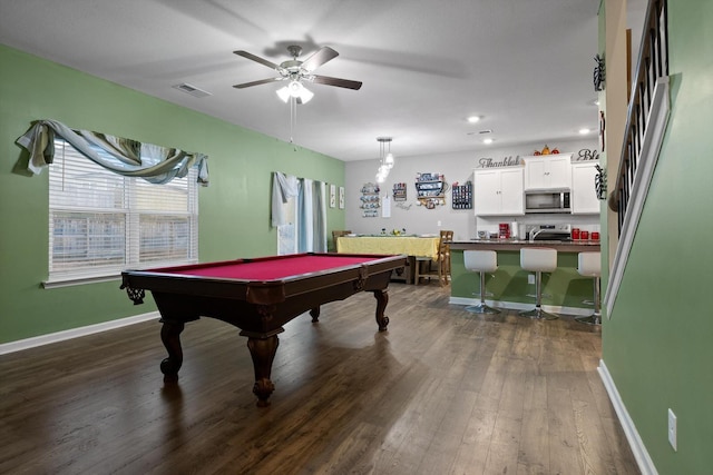 game room with dark wood finished floors, baseboards, billiards, and visible vents