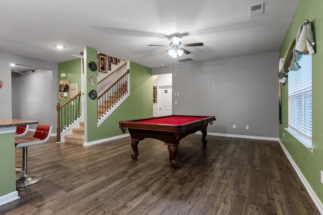 recreation room featuring ceiling fan, dark wood-type flooring, and visible vents