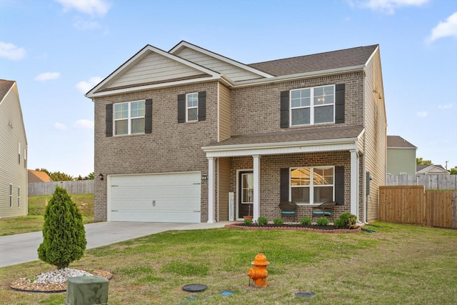 view of front of property featuring brick siding, concrete driveway, covered porch, and fence