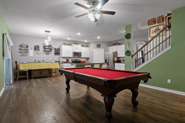 rec room featuring ceiling fan, baseboards, dark wood-style floors, and recessed lighting