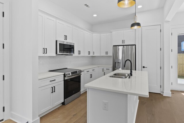 kitchen with recessed lighting, light wood-style flooring, appliances with stainless steel finishes, and a sink