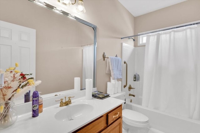full bathroom with toilet, shower / bath combo, and vanity