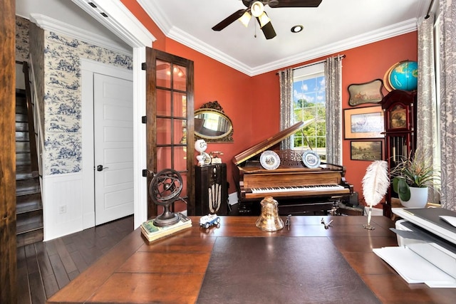23475 Slate Rd, Athens, AL 35614 - living area with wainscoting, a ceiling fan, wood finished floors, and ornamental molding