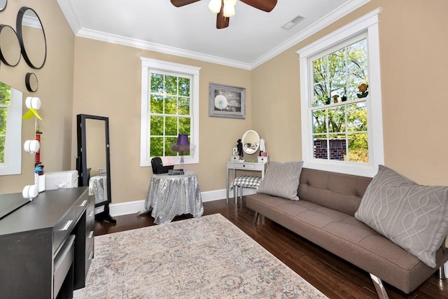 23475 Slate Rd, Athens, AL 35614 - living room featuring dark wood-style floors, baseboards, visible vents, a ceiling fan, and ornamental molding