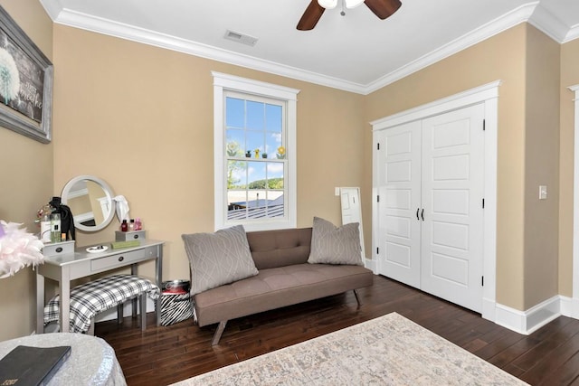 23475 Slate Rd, Athens, AL 35614 - sitting room with hardwood / wood-style floors, ceiling fan, baseboards, ornamental molding, and visible vents