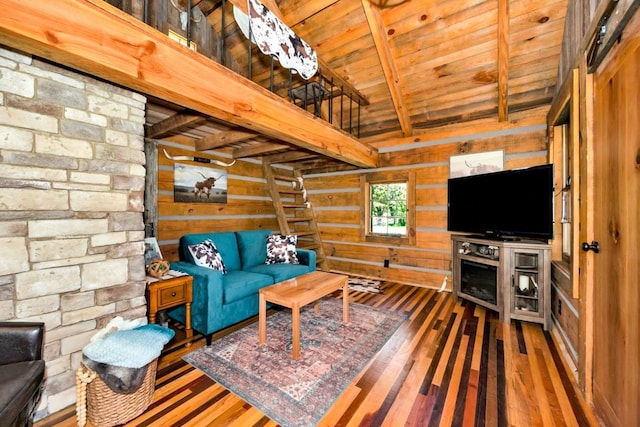 23475 Slate Rd, Athens, AL 35614 - living area featuring vaulted ceiling with beams, wooden ceiling, wood walls, and hardwood / wood-style flooring