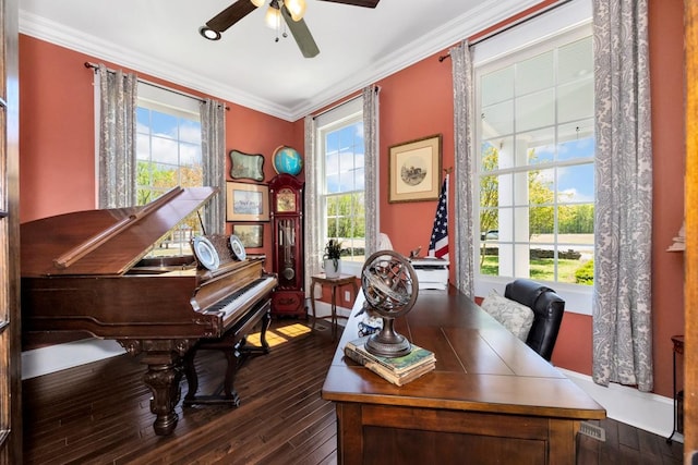 23475 Slate Rd, Athens, AL 35614 - home office featuring a wealth of natural light, crown molding, hardwood / wood-style flooring, and ceiling fan