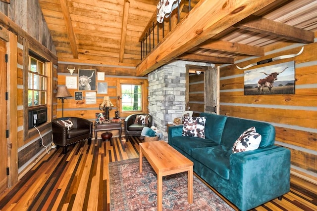 23475 Slate Rd, Athens, AL 35614 - living room with wood ceiling, vaulted ceiling with beams, wooden walls, and wood-type flooring