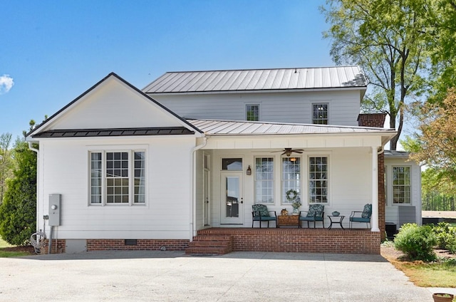 23475 Slate Rd, Athens, AL 35614 - view of front of property featuring crawl space, a ceiling fan, a porch, metal roof, and a standing seam roof