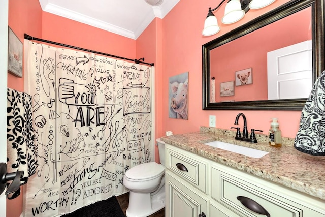 23475 Slate Rd, Athens, AL 35614 - full bathroom featuring wood finished floors, toilet, vanity, ornamental molding, and a shower with shower curtain