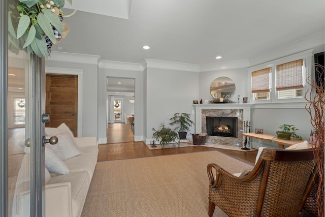 4306 Idaho Ave, Nashville, TN 37209 - living room featuring recessed lighting, ornamental molding, wood finished floors, and a fireplace