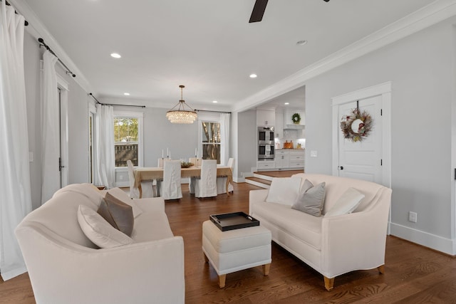 4306 Idaho Ave, Nashville, TN 37209 - living room with ceiling fan with notable chandelier, baseboards, recessed lighting, and dark wood-type flooring