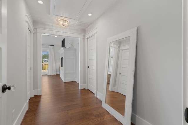 4306 Idaho Ave, Nashville, TN 37209 - corridor featuring recessed lighting, visible vents, baseboards, attic access, and dark wood-style flooring