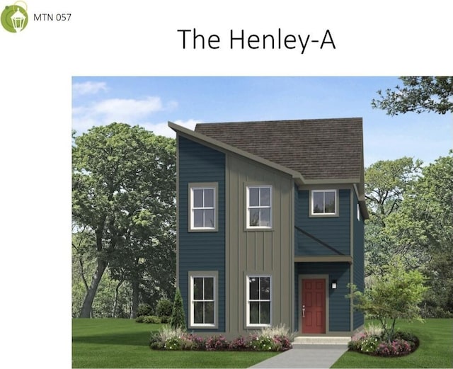 view of front facade with board and batten siding, roof with shingles, and a front yard