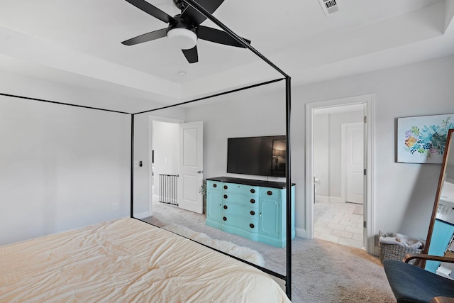 7025 Bennett Dr, Mount Juliet, TN 37122 - bedroom featuring a tray ceiling, baseboards, visible vents, carpet, and a ceiling fan