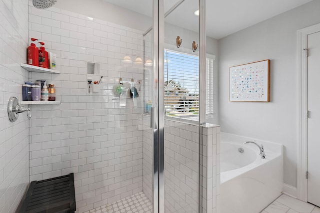 7025 Bennett Dr, Mount Juliet, TN 37122 - full bathroom with a garden tub, marble finish floor, and a shower stall