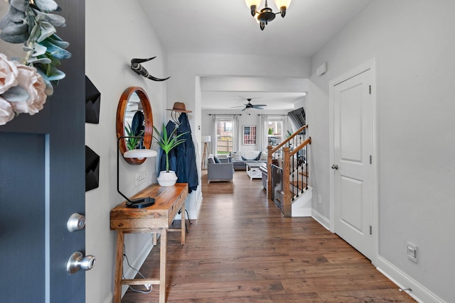 7025 Bennett Dr, Mount Juliet, TN 37122 - entrance foyer featuring baseboards, a ceiling fan, wood finished floors, and stairs