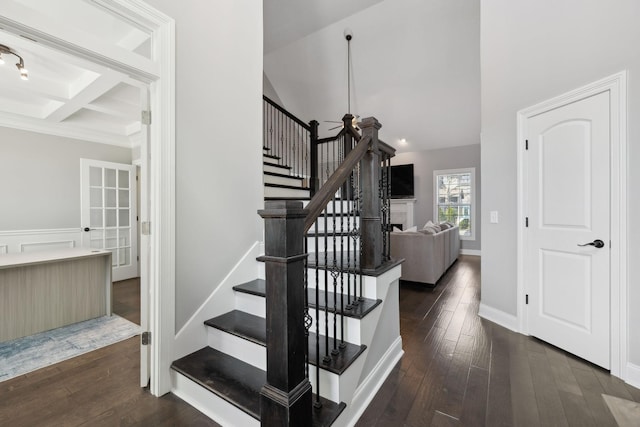 124 Houghland St, Gallatin, TN 37066 - stairs featuring hardwood / wood-style flooring, baseboards, beam ceiling, and coffered ceiling