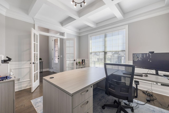 124 Houghland St, Gallatin, TN 37066 - office space with coffered ceiling, french doors, dark wood-type flooring, beam ceiling, and wainscoting