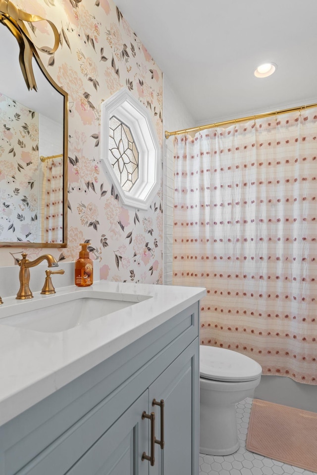 2931 Longford Dr, Murfreesboro, TN 37129 - full bath featuring wallpapered walls, vanity, toilet, tile patterned flooring, and recessed lighting